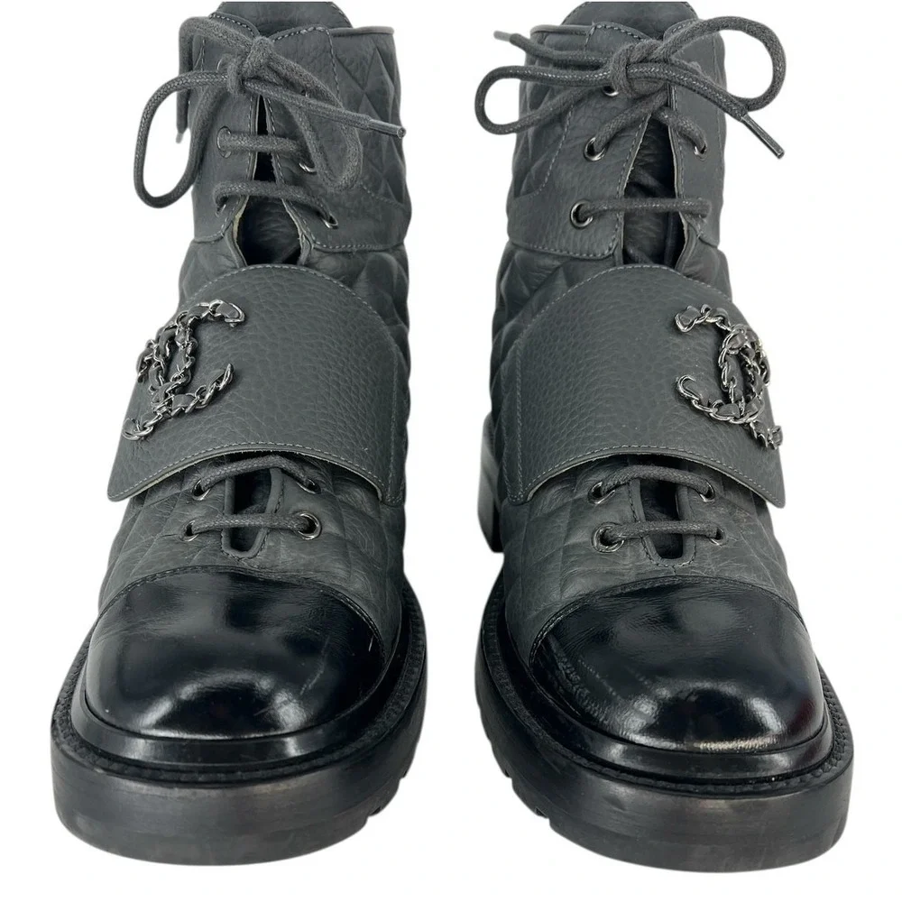 Chanel 2022 CC Chain Quilted Cap Toe Logo Combat Boots in Gray & Black Size 39.5